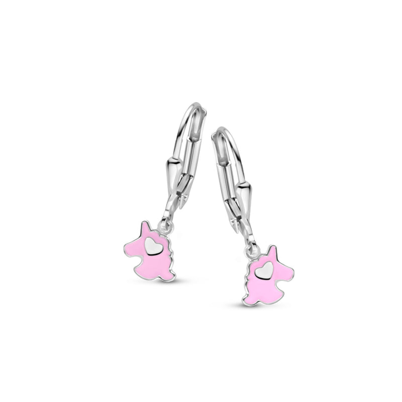 Zilveren kinderoorbellen: Eenhoorn licht roze (Naiomy Princess brisure sluiting)
