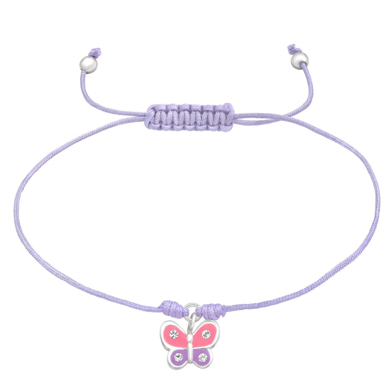 Kinderarmbandje verstelbaar: Roze/paarse vlinder (zilver)
