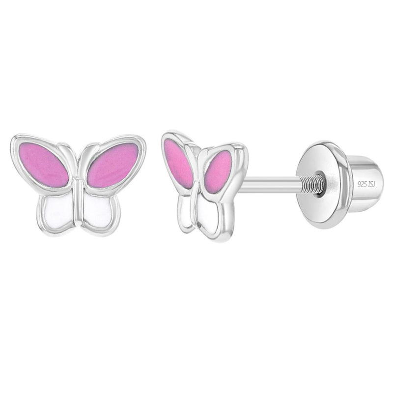 Zilveren kinderoorbellen: Wit/roze vlindertje met schroefsluiting