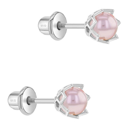 Zilveren kinderoorbellen: Roze parels met schroefsluiting