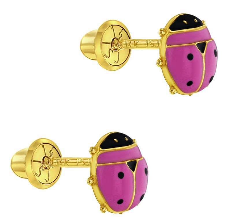 Gouden kinderoorbellen: Lieveheersbeeestje roze met schroefsluiting