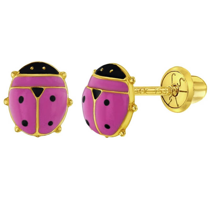 Gouden kinderoorbellen: Lieveheersbeeestje roze met schroefsluiting