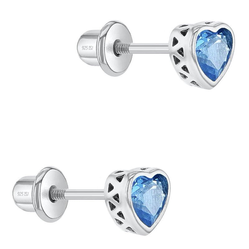 Zilveren kinderoorbellen: Licht blauw glazen hartje met schroefsluiting