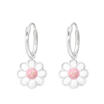 Zilveren kinderoorbellen: Wit/roze bloemetjes (creolen)