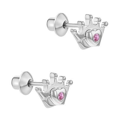 Zilveren kinderoorbellen: Kroontjes roze kristal met schroefsluiting