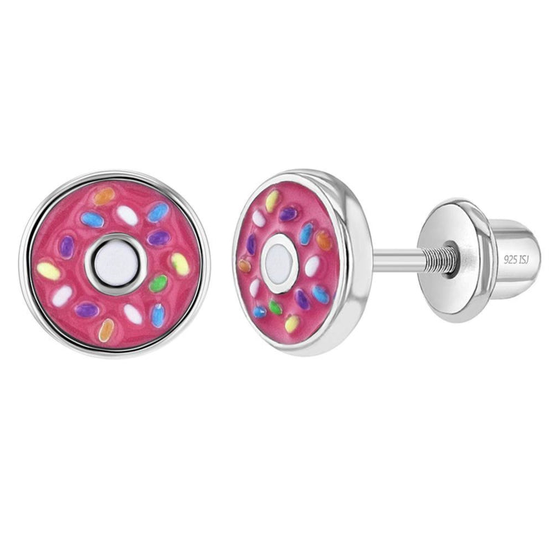 Zilveren kinderoorbellen: Donut roze met schroefsluiting