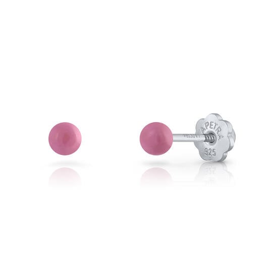 Zilveren kinderoorbellen: Pareltjes met schroefsluiting donker roze (Lapetra)